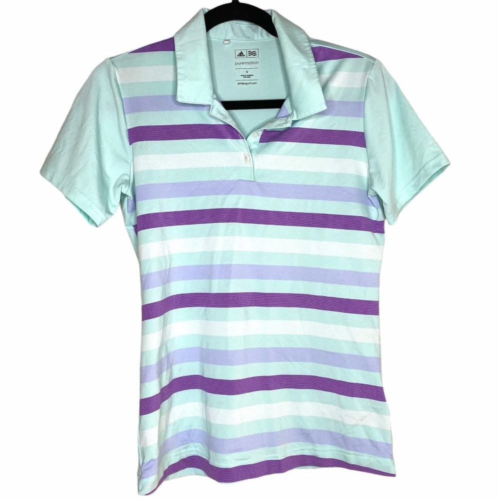 adidas Women's Short Sleeve Polo - Mint and Purple Stripes